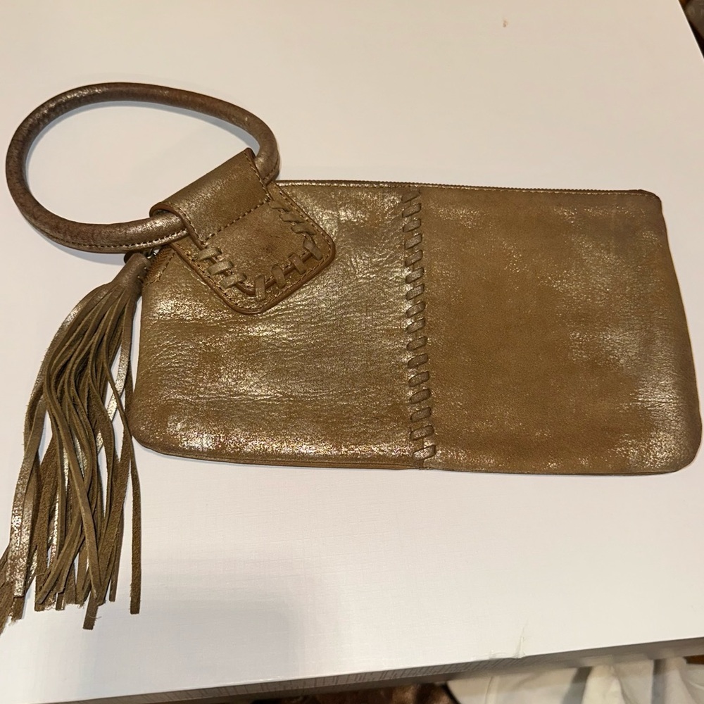 Hobo Biege/Gold Leather Clutch with Tassel